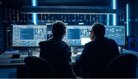 Two people monitoring a system on three screens